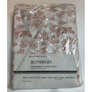 Vtg Sears Butterflies Dusty Apricot Perma- Prest Muslin Twin Fitted Sheet NEW